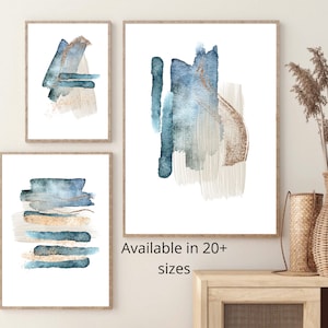 Blue Abstract Prints, Watercolour Abstract Printable Wall Art Set of 3 ...