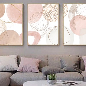 Abstract Wall Art, Neutral Printable Wall Art, Rose Pink and  Gold  Set of 3 Prints, Living Room Decor, Hallway Print