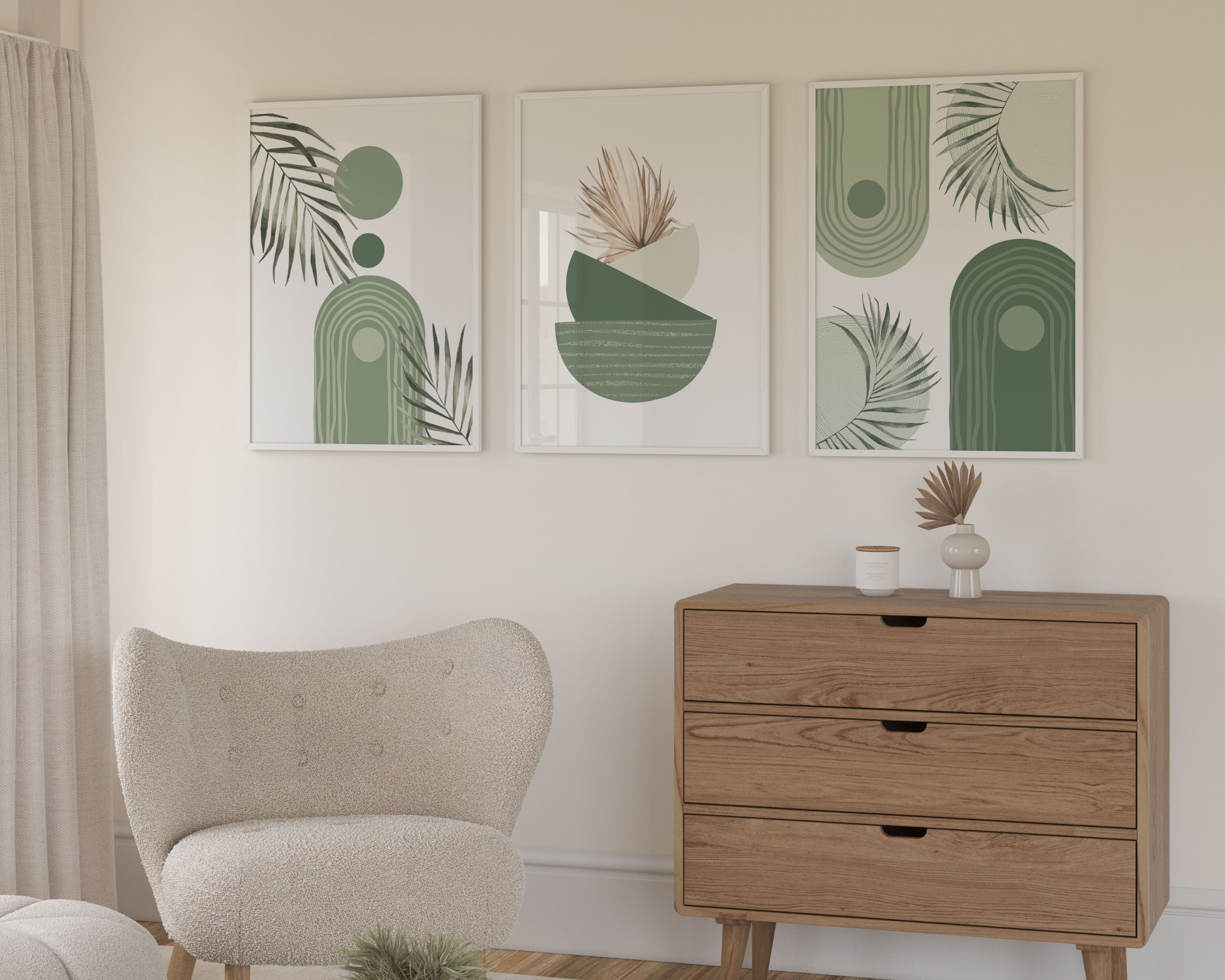 Sage Green Print Set, Boho Printable Wall Art, Olive Green Set of 3 ...