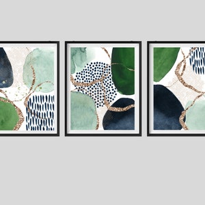 Abstract Wall Art, Green and Navy Abstract Print Set of 3, Watercolour ...