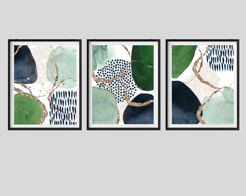 Abstract Wall Art, Green and Navy Abstract Print Set of 3, Watercolour ...