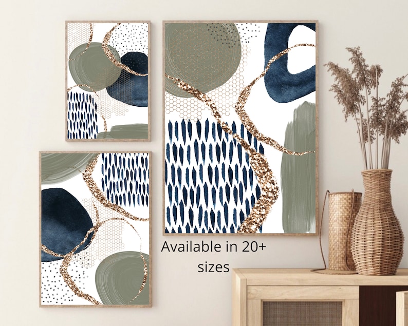 Abstract Wall Art, Navy and Sage Green Abstract Print Set of 3 ...