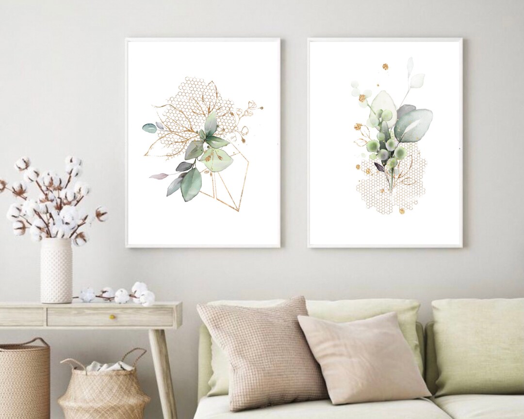 Botanical Print Set, Botanical Abstract Wall Art Set of 2, Green Gold ...