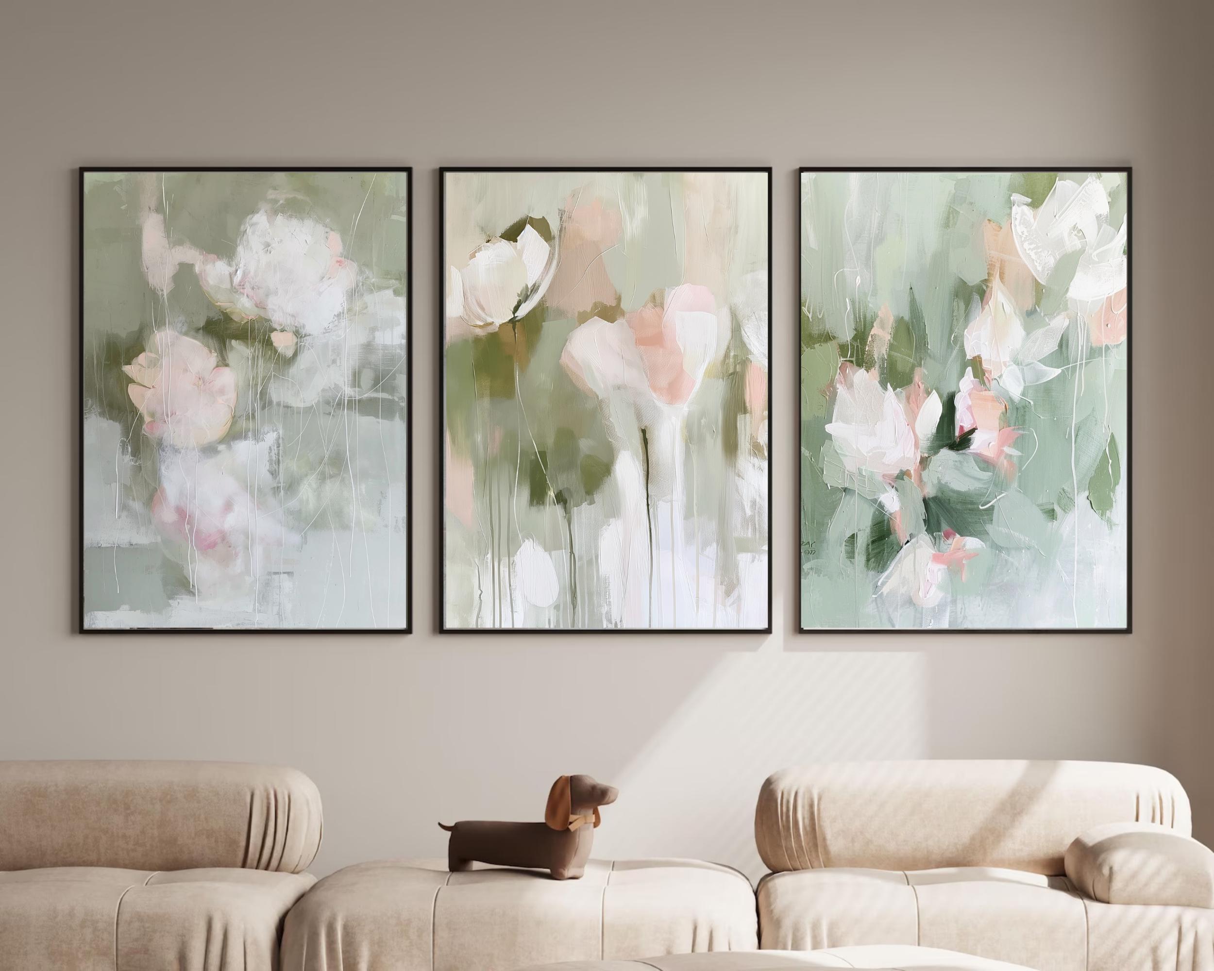 Blush Pink Floral Abstract Wall Art Print, Sage Green Botanical ...