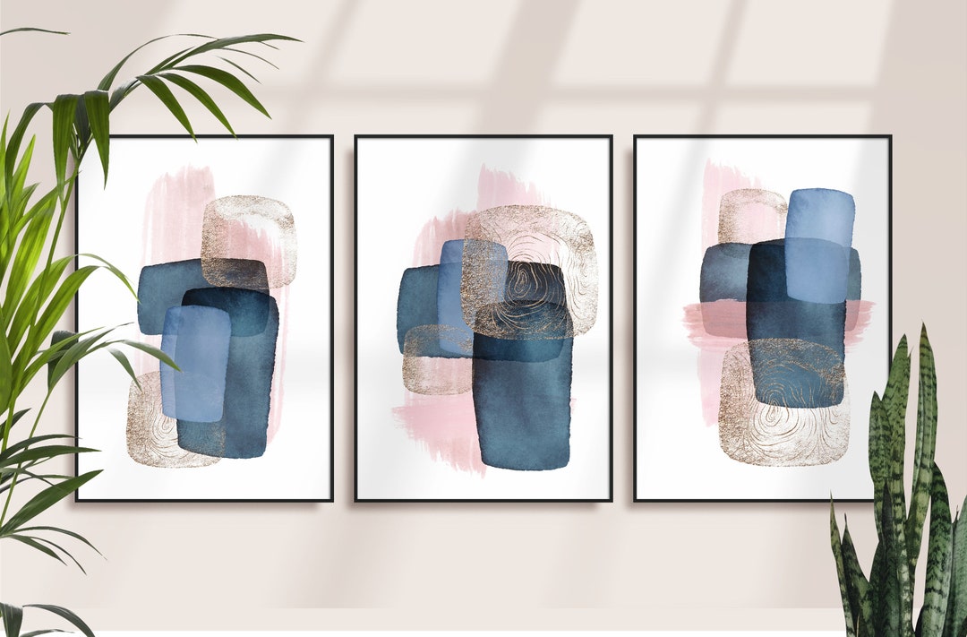 Blue and Pink Abstract Art Prints, Watercolour Shapes Printable Wall ...