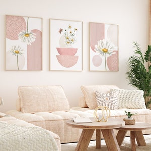 Pink Wall Art, Rose Pink Botanical Set of 3 Prints, Minimalist Nordic ...