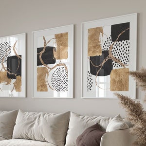 Abstract Wall Art, Black Gold Watercolour Shapes Printable Wall Art, Set of 3 Geometric Hallway Prints, Living Room Wall Decor