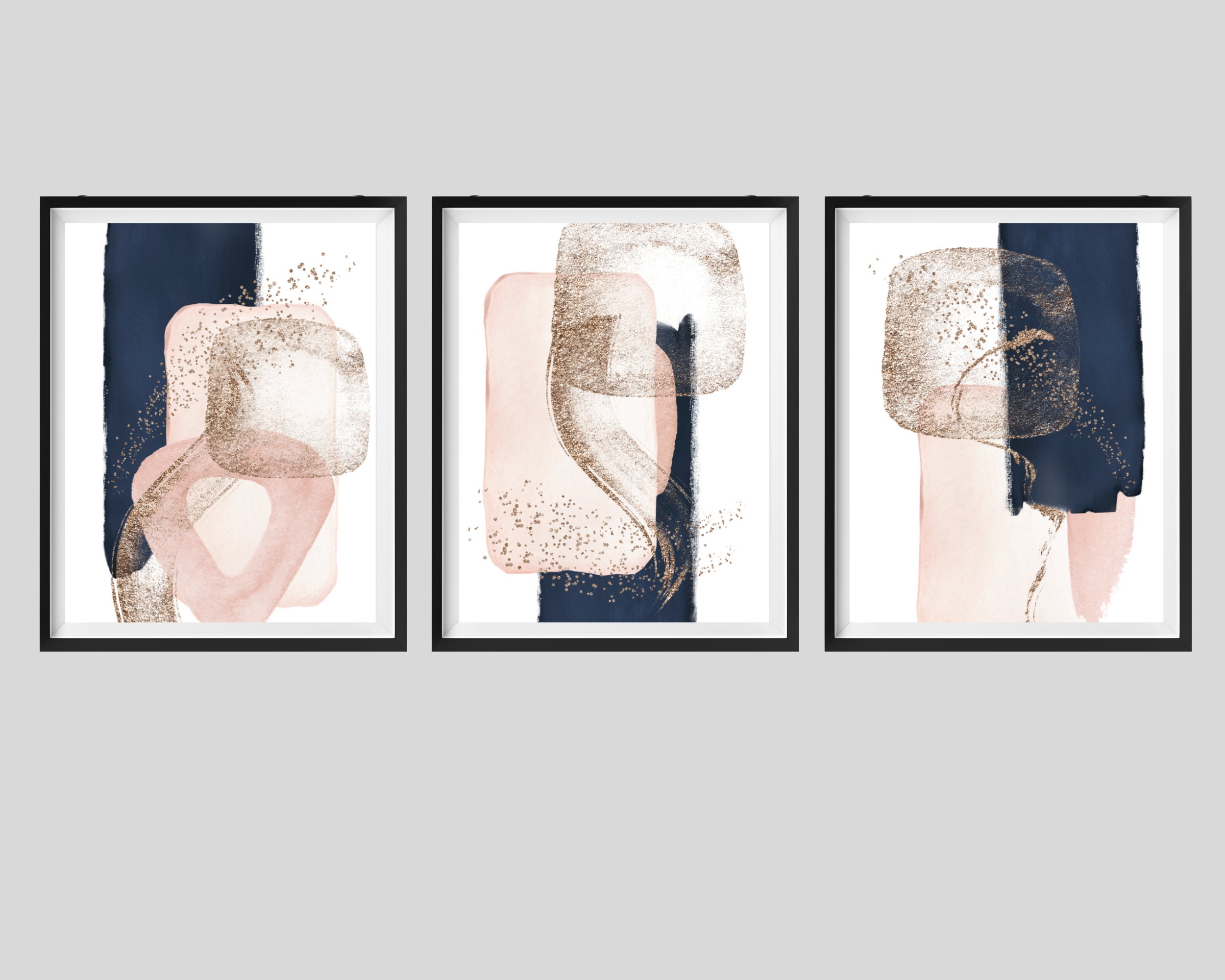 Abstract Wall Art, Navy Pink Gold Watercolour Shapes Printable Wall Art ...