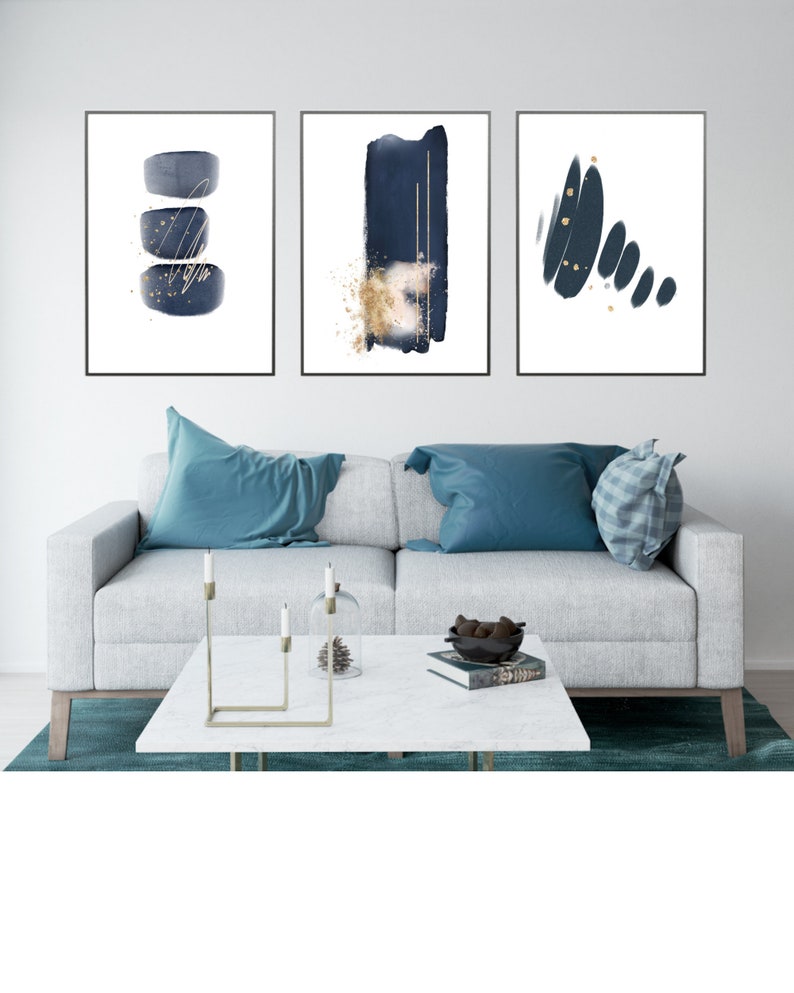 Blue and Gold Abstract Wall Art Print Set of 3 Navy Abstract - Etsy