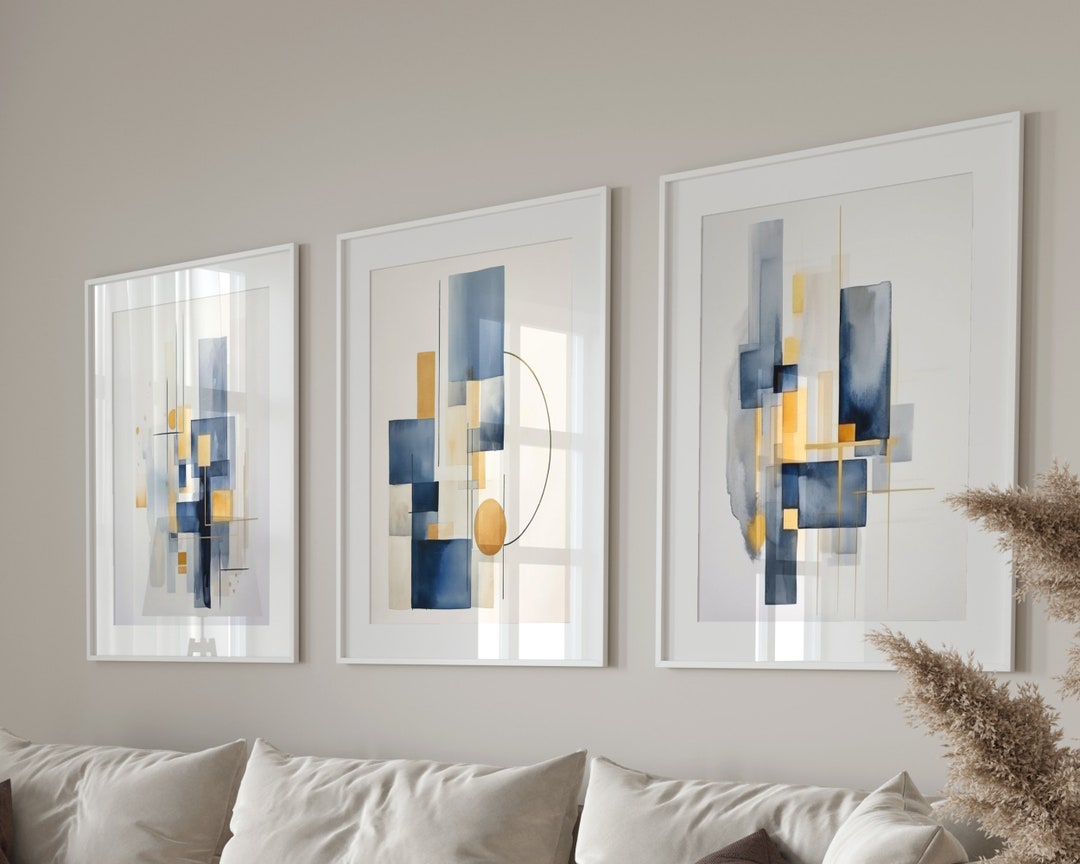 Abstract Art Prints, Blue and Yellow Geometric Shapes Printable Wall ...