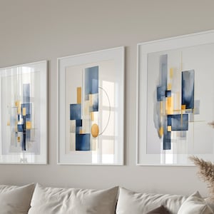 Abstract Art Prints, Blue and Yellow Geometric Shapes Printable Wall Art Set of 3, Modern Minimalist Living Room Wall Decor