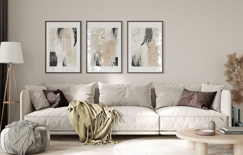 Impresiones abstractas, pintura acrílica beige crema negra, juego de arte de pared imprimible de 3, decoración de pared de sala de estar neutra, arte de oficina en casa imagen 4