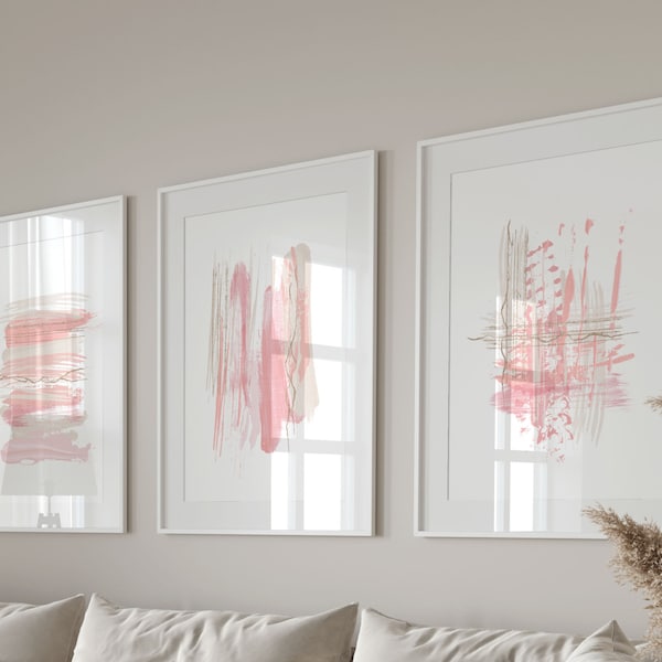 Abstract Prints, Rose Pink Printable Wall Art Set of 3,  Living Room Wall Decor, Home Office Artwork