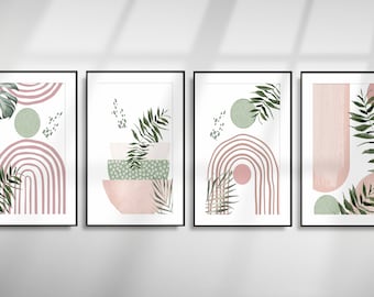Set of 4 Boho Wall Art Prints, Digital Boho Botanical Prints, Mid Century Prints, Pink n Sage Green Printable Art, Abstract Line, Home Decor