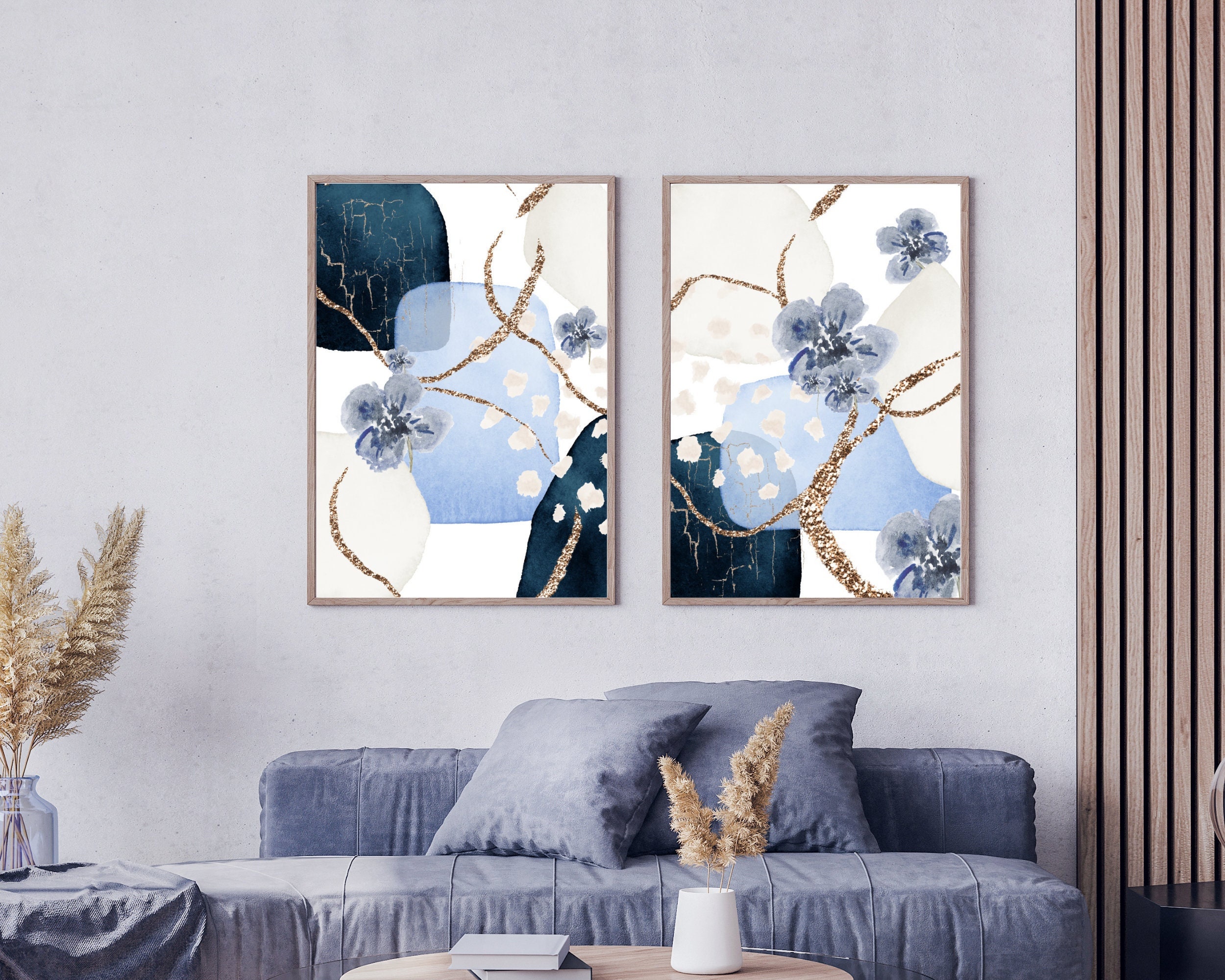 Blue Abstract Wall Art, Navy and Gold Watercolour Shapes Printable Wall ...