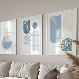 Boho Printable Wall Art, Modern Nordic Light Blue Set of 3 Prints, Minimalist Living Room Wall Decor, Sage Green Art Shapes Hallway Print image 2