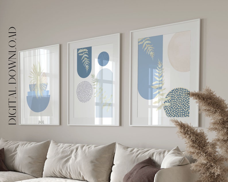 Boho Printable Wall Art, Modern Nordic Light Blue Set of 3 Prints, Minimalist Living Room Wall Decor, Sage Green Art Shapes Hallway Print image 2