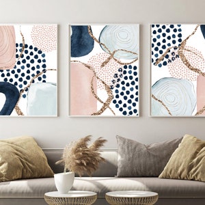Abstract Wall Art, Watercolour Shapes Printable Wall Art, Pink Blue Gold  Set of 3 Prints, Geometric Hallway Print Set