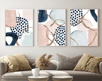 Art mural abstrait, art mural imprimable formes aquarelle, lot de 3 impressions or rose bleu, lot d&#39;impressions couloir géométrique