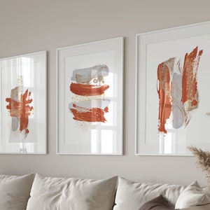 Modern Art Prints, Terracotta and Grey Abstract Wall Art Print Set of 3, Simple Nordic Living Room Wall Decor, Hallway Print Poster Set