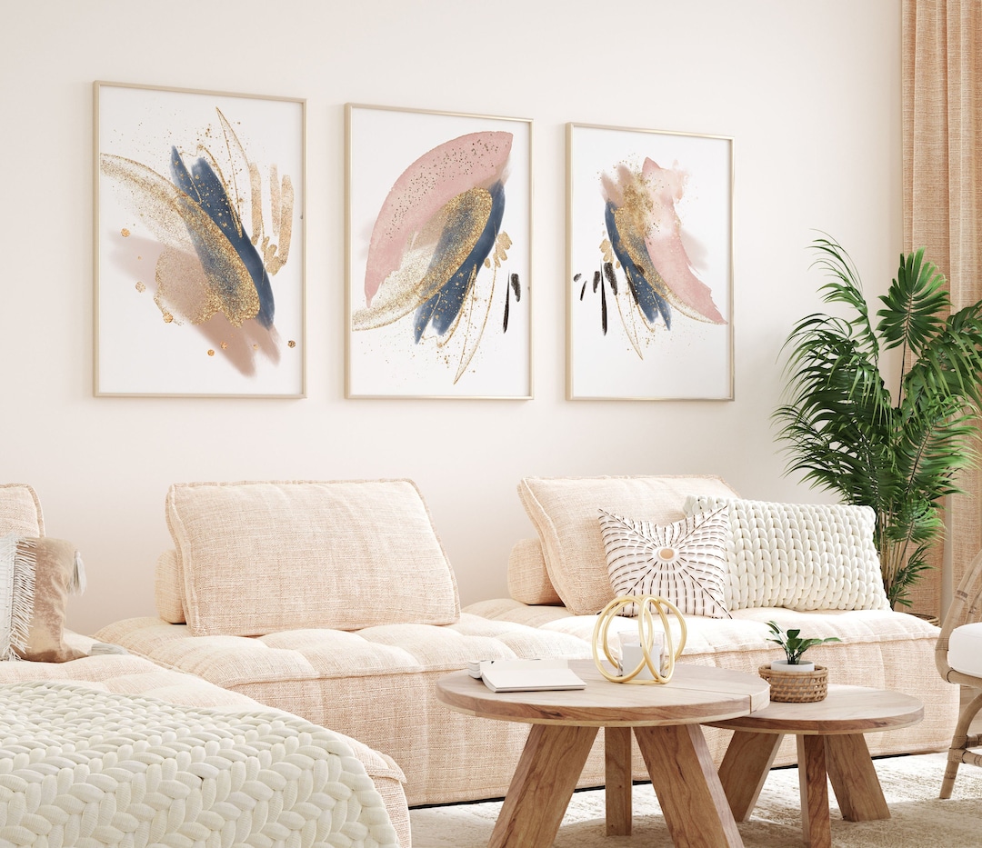 Abstract Wall Art, Pink Blue and Gold Modern Printable Wall Art Set of ...
