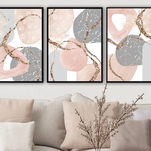 Arte de pared imprimible rosa y gris, arte de pared abstracto, juego de impresión de sala de estar moderna de 3, impresión de pasillo gris y rosa