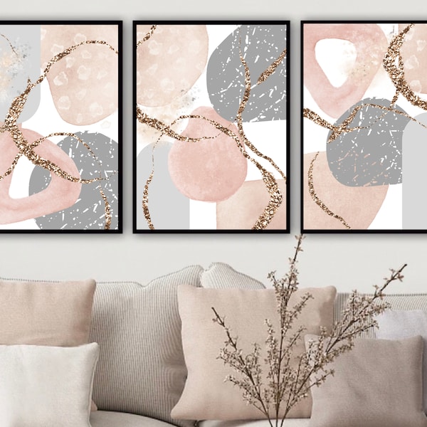 Abstract Wall Art, Watercolour Shapes Printable Wall Art, Rose Pink and Grey Set of 3 Prints, Geometric Print Set