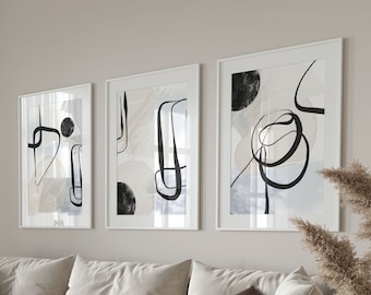 Neutral Abstract Wall Art, Grey and Black Modern Nordic Printable Wall Art, Set of 3 Geometric Hallway Prints, Living Room Wall Decor