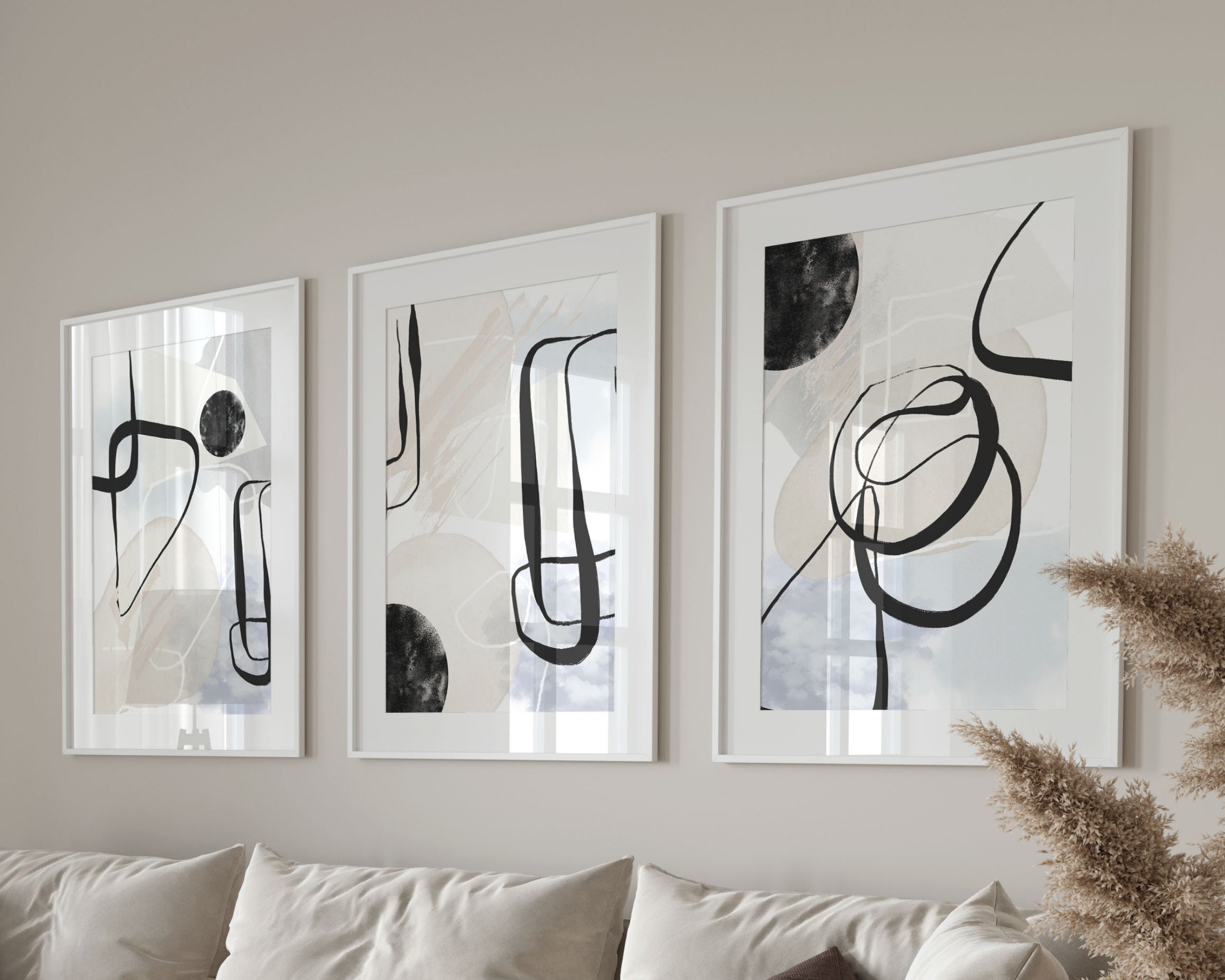 Neutral Abstract Wall Art, Grey and Black Modern Nordic Printable Wall Art, Set of 3 Geometric Hallway Prints, Living Room Wall Decor