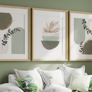 Boho Printable Wall Art, Modern Nordic Green Set of 3 Prints, Minimalist Living Room Wall Decor, Sage Green Art Shapes Hallway Print