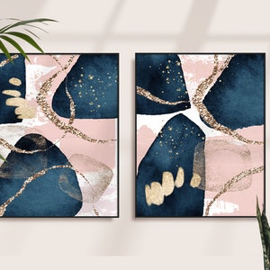 Navy Blue and Pink Abstract Wall Art, Acrylic Shapes Printable Wall Art ...