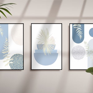 Boho Printable Wall Art, Modern Nordic Light Blue Set of 3 Prints, Minimalist Living Room Wall Decor, Sage Green Art Shapes Hallway Print image 1