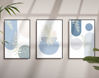 Boho Printable Wall Art, Modern Nordic Light Blue Set of 3 Prints, Minimalist Living Room Wall Decor, Sage Green Art Shapes Hallway Print
