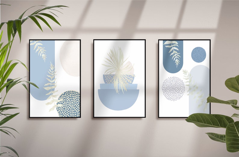 Boho Printable Wall Art, Modern Nordic Light Blue Set of 3 Prints, Minimalist Living Room Wall Decor, Sage Green Art Shapes Hallway Print image 1
