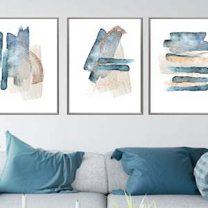 Blaue abstrakte Drucke, Aquarell abstrakte druckbare Wandkunst 3er Set, Blau und Gold moderner Flurdruck, Wohnzimmer Wanddekor