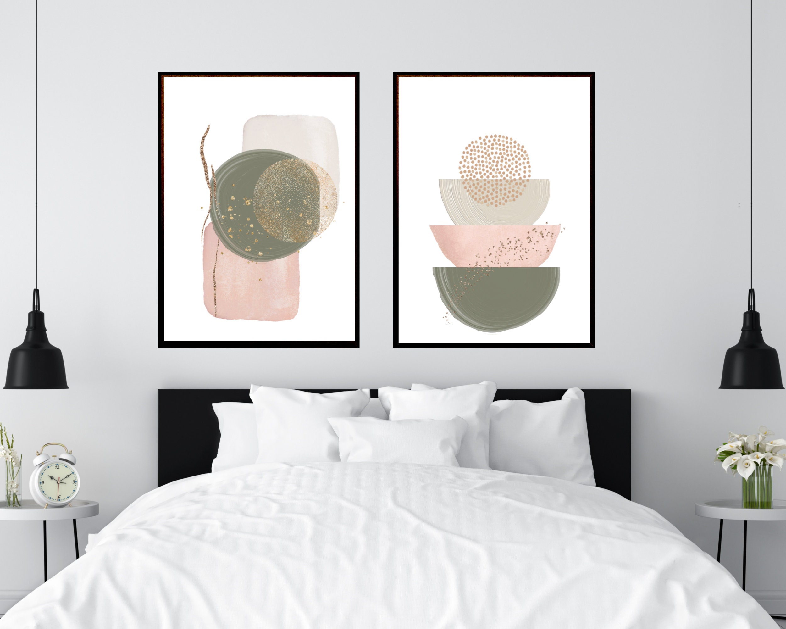 Abstract Wall Art Green and Pink Watercolor Shapes Printable Etsy