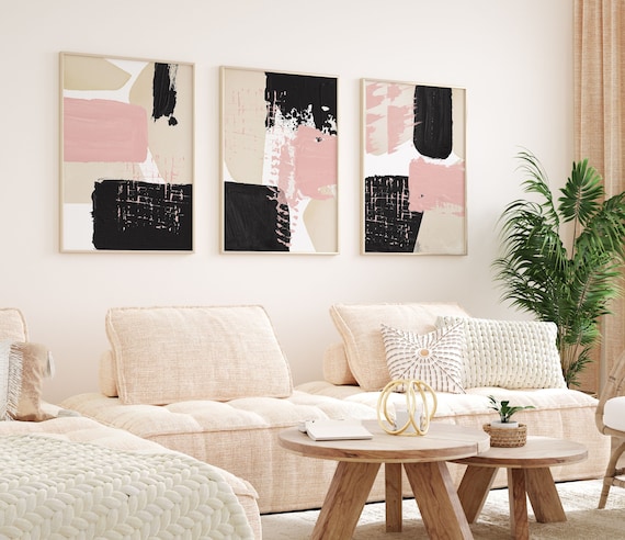 Printable Wall Art, Modern Pink and Black Set of 3 Prints, Minimalist  Living Room Wall Decor, Blush Pink Art Shapes Hallway Print 