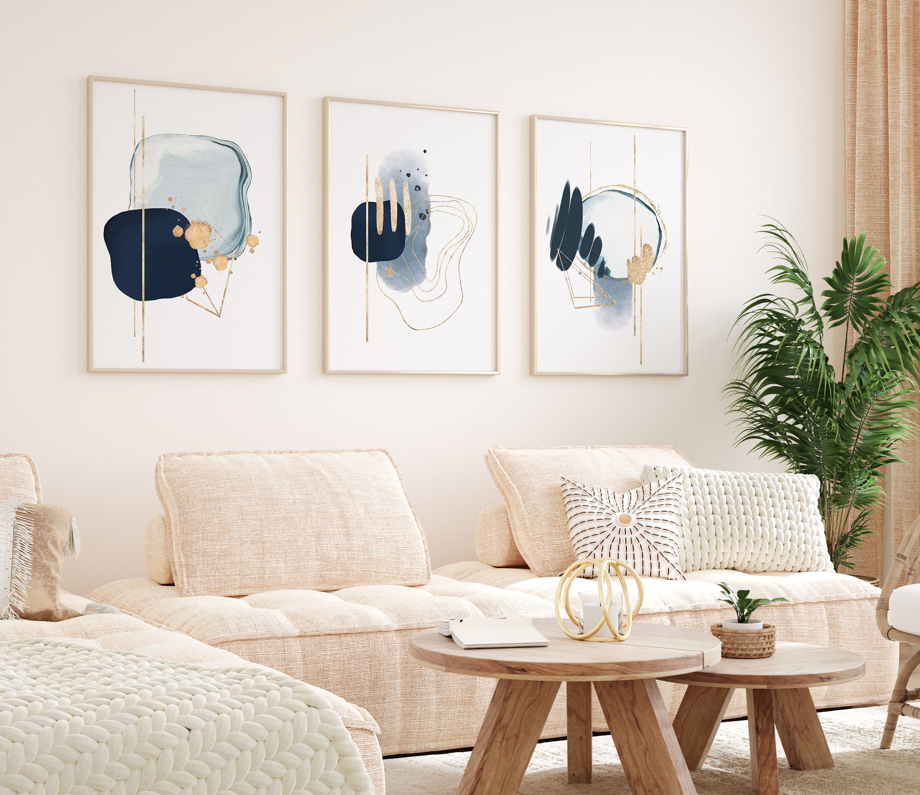 Blue Abstract Wall Art, Navy Grey and Gold Watercolour Shapes Printable ...