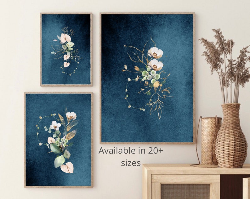 Abstract Wall Art Blue Botanical Print Set of 3 Navy Blue - Etsy