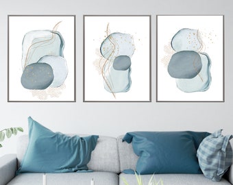 Abstract Wall Art, Blue Grey Gold Watercolour Shapes Printable Wall Art, Set of 3 Geometric Hallway Prints, Living Room Wall Decor