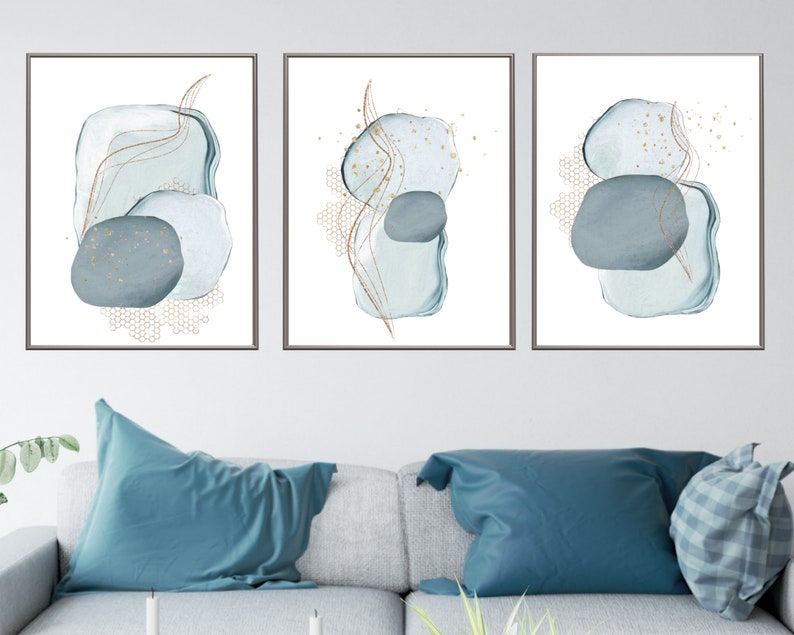 Abstract Wall Art Blue Grey Gold Watercolour Shapes Printable Etsy