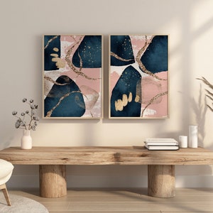 Navy Blue and Pink Abstract Wall Art, Acrylic Shapes Printable Wall Art ...