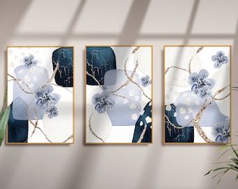 Blue Abstract Wall Art, Navy and Gold Watercolour Shapes Printable Wall Art Set of 3 Geometric Hallway Print, Living Room Wall Decor