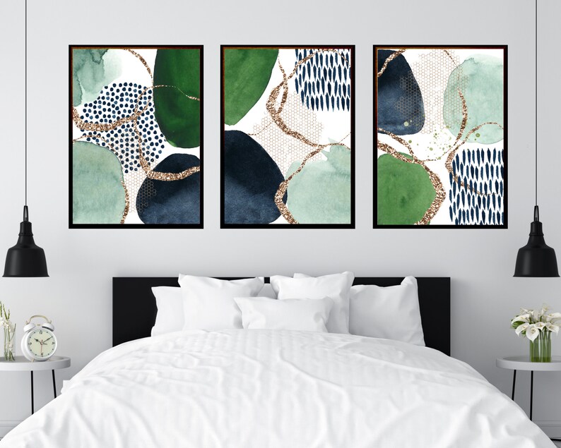 Abstract Wall Art, Green and Navy Abstract Print Set of 3, Watercolour ...