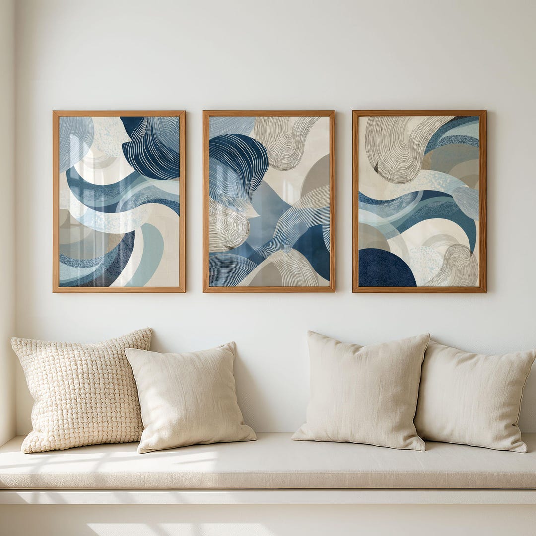 3 Piece Blue Abstract Printable Wall Art Set, Modern Textured Shapes ...