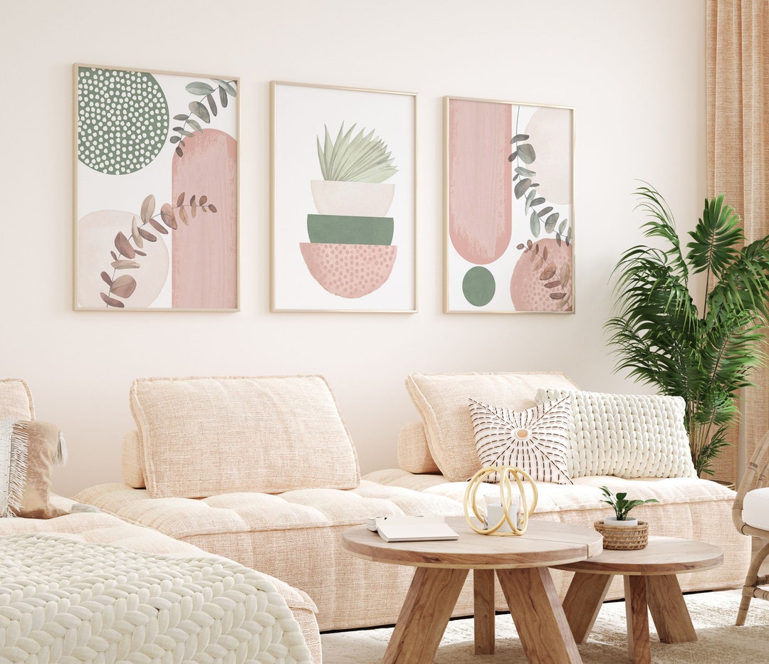 Boho Printable Wall Art, Modern Pink and Green Set of 3 Prints ...