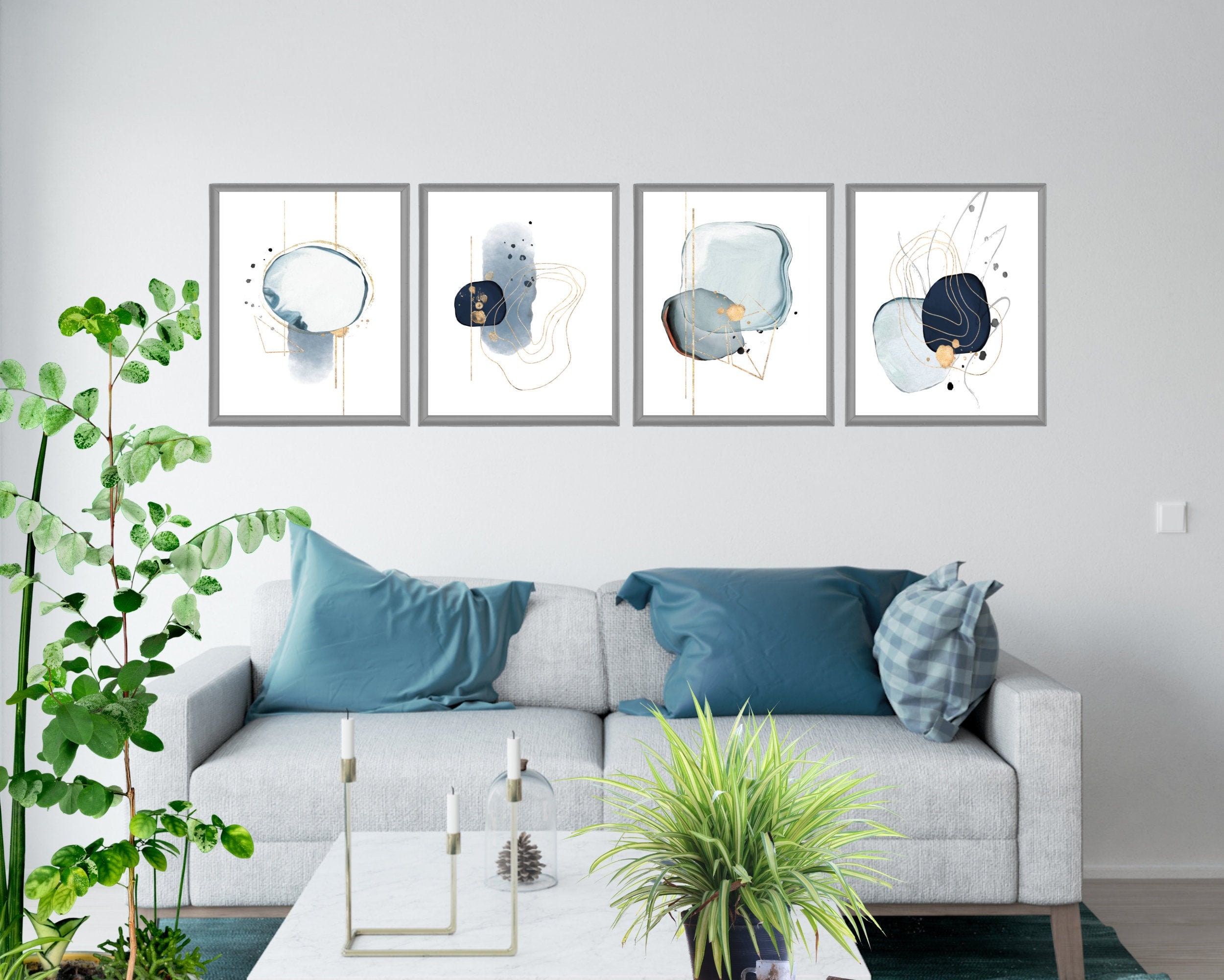 Blue and Grey Abstract Wall Art Set of 4 Navy Modern Etsy