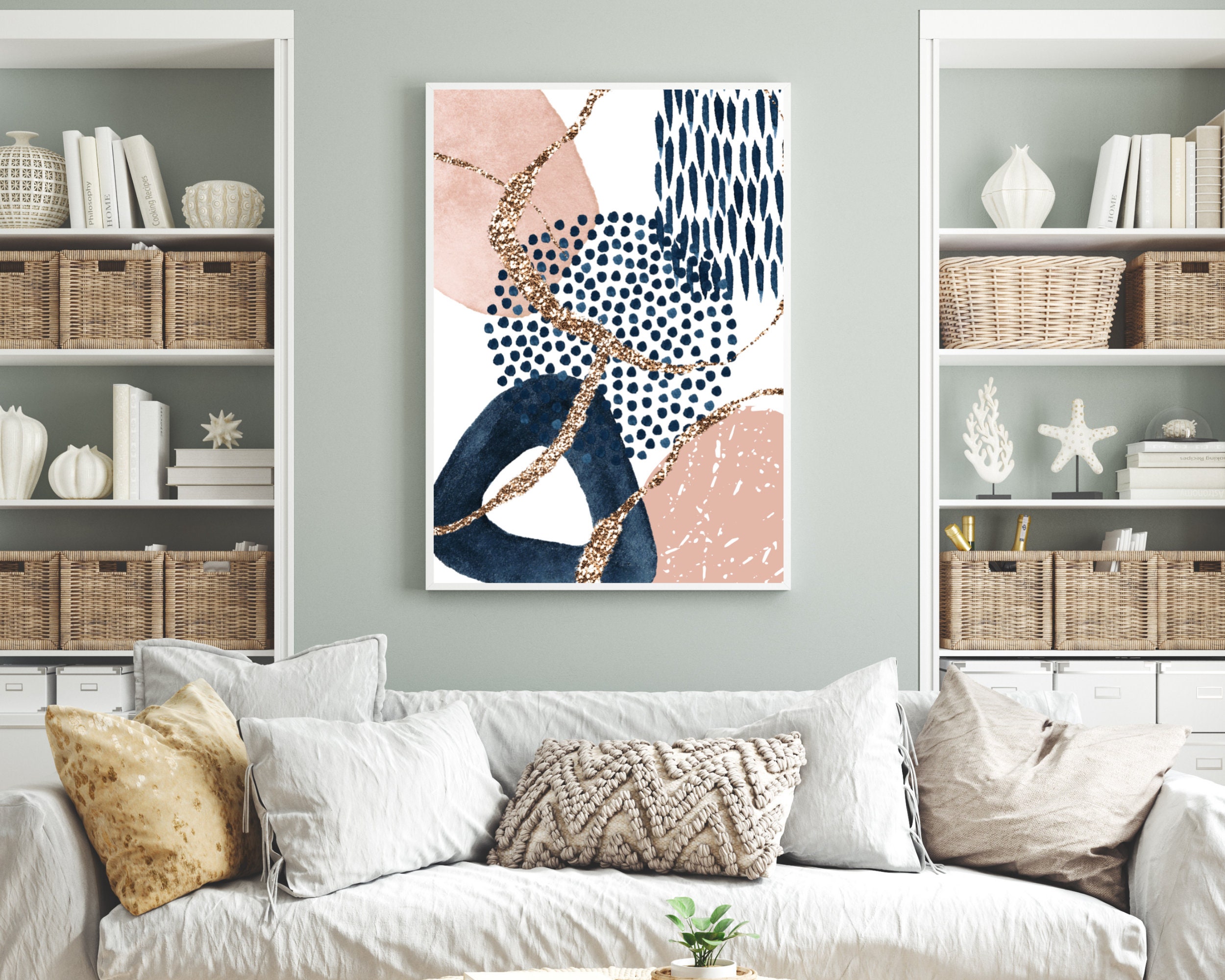 Abstract Wall Art Pink Navy Gold Watercolour Shapes Printable Etsy UK