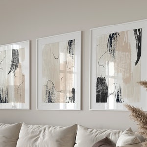 Impresiones abstractas, pintura acrílica beige crema negra, juego de arte de pared imprimible de 3, decoración de pared de sala de estar neutra, arte de oficina en casa imagen 1