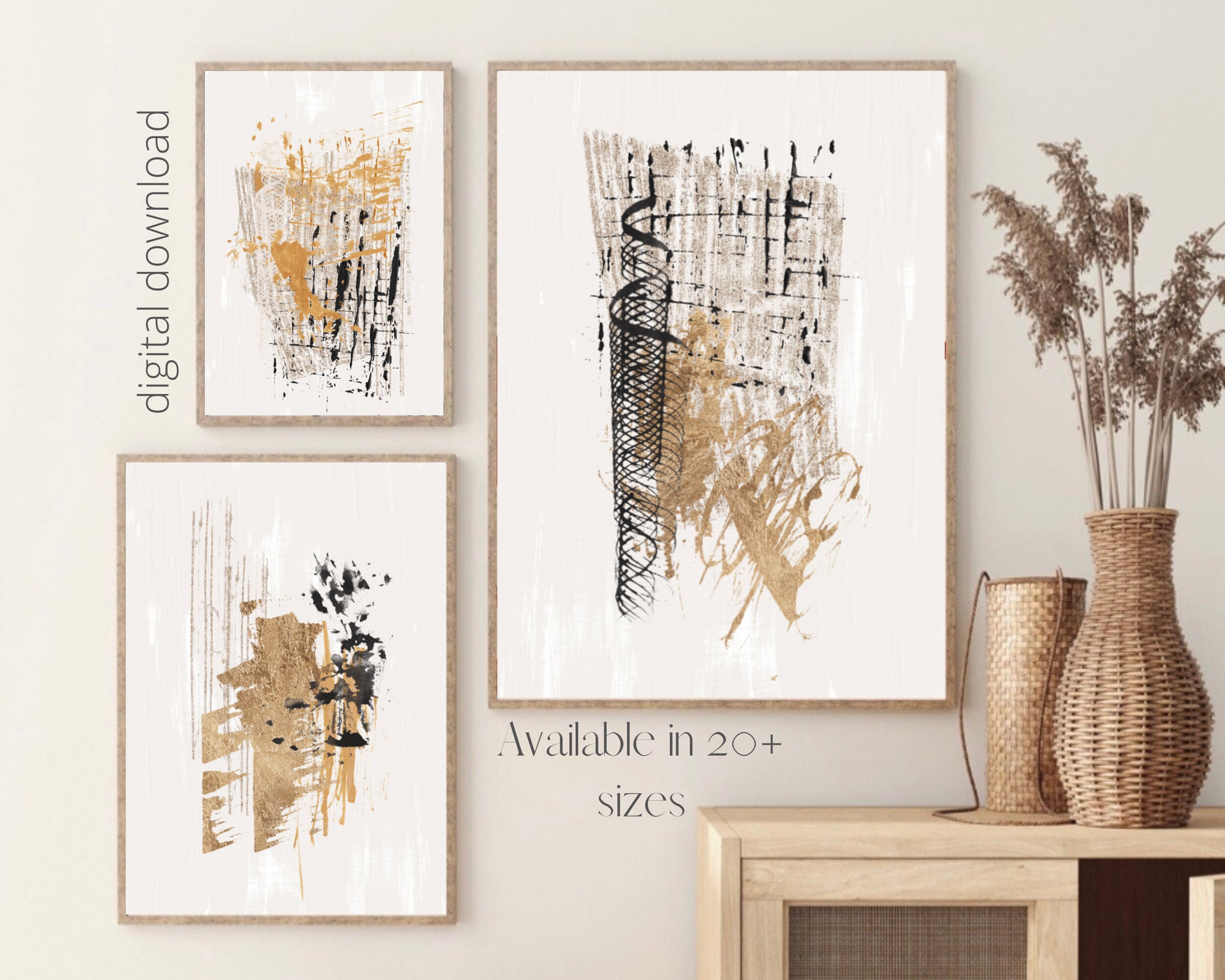 Modern Gallery Wall Art Set of 3 Minimalist Gold Beige Black Nordic ...